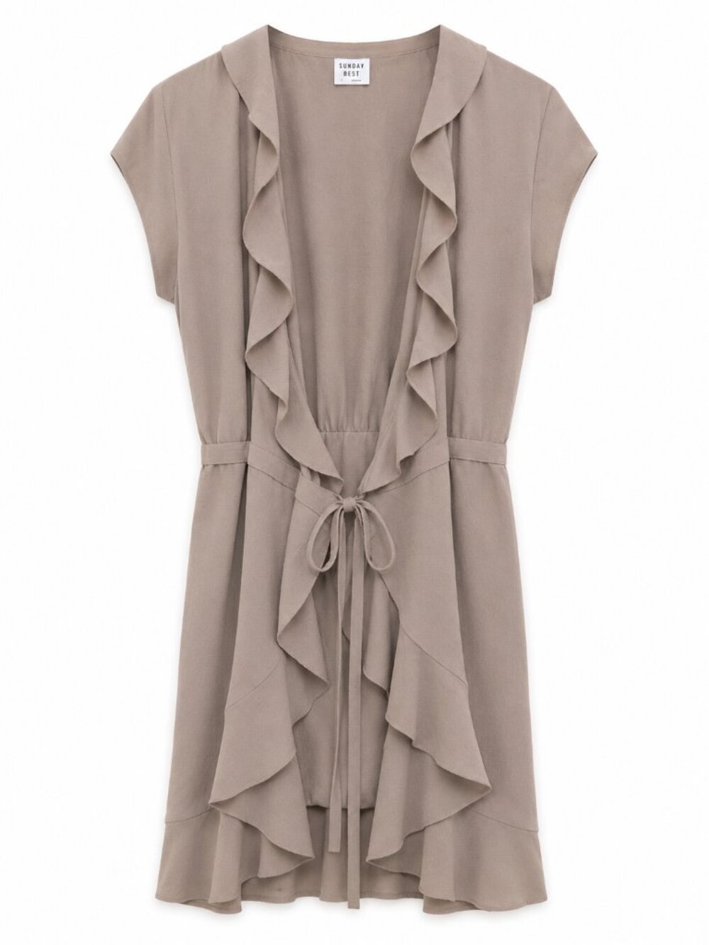 SUNDAY BEST | Taupe Ruffle Wrap Shirt – Women’s Size 2